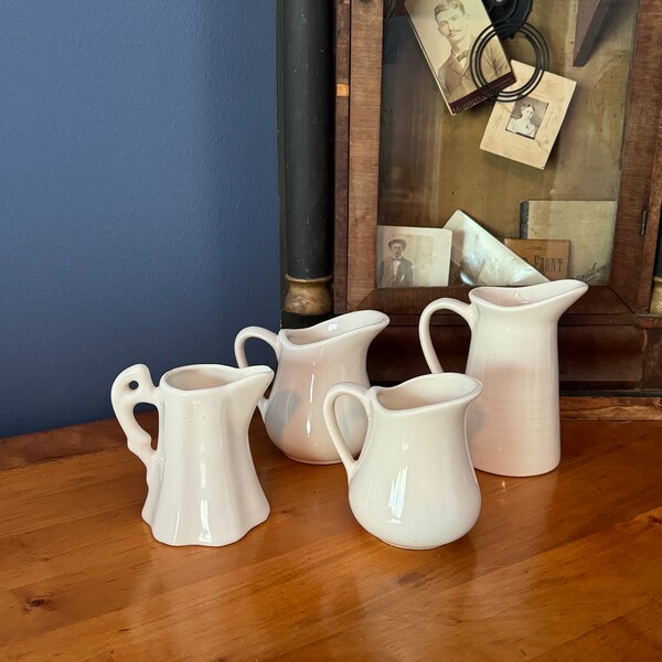 Lot of Four Vintage Ironstone Creamers Syrup Dispensers White Pottery Unique Small Pitchers Serving Pieces Breakfast Table Small Vases