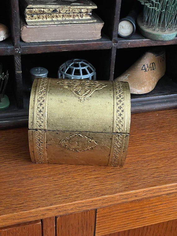 Ornate Brass Box with Hinged Lid Cross and Velvet Lining