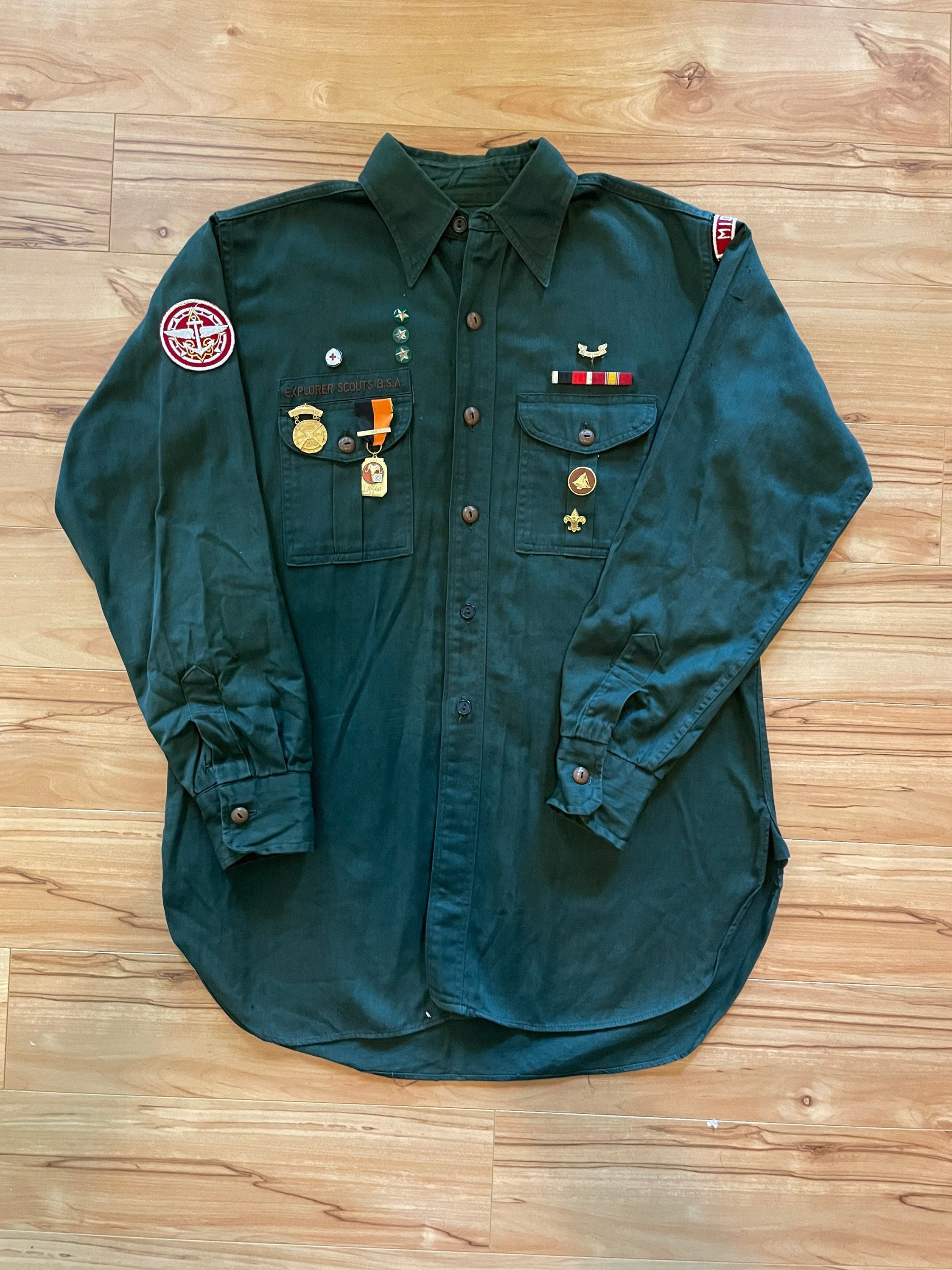 Vintage Boy Scout Uniform Shirt Military Green Long Sleeve Etsy