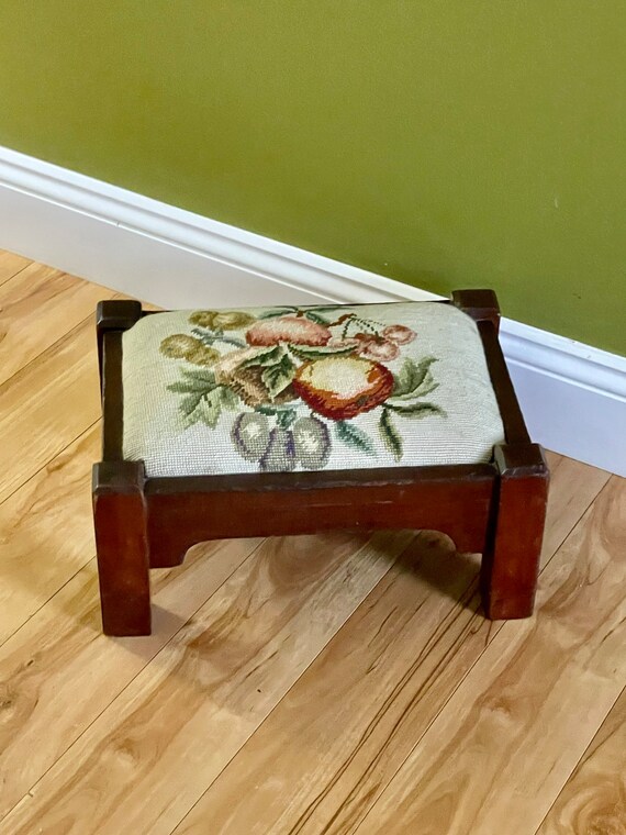 Vintage Needlepoint Ottoman Hand Crafted Footstool Floral fruit