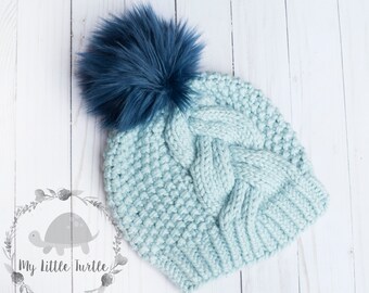 Hand Knit Light Blue Bulky Wool Cabled Beanie Winter Hat Womens Gift