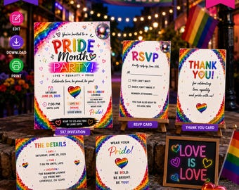 Pride Party Invitation Bundle, Rainbow LGBTQ Canva Template (Digital Download)