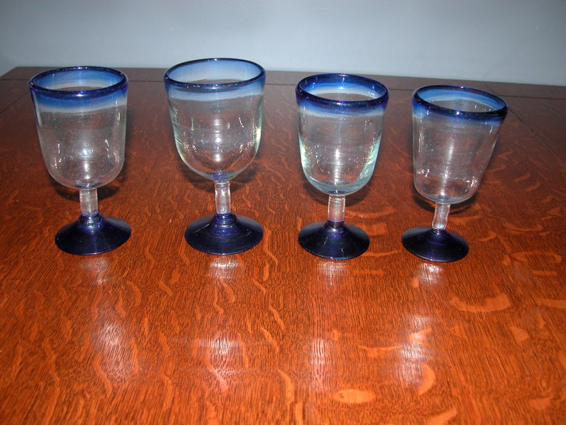 Traditional handblow blue rim Mexican wine glasses Etsy