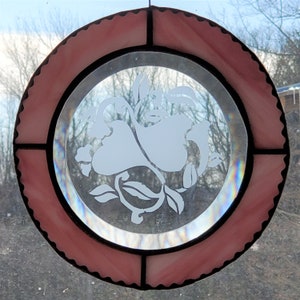 Hearts Entwined Etched Beveled Stained Glass Suncatcher Window, Pink Border
