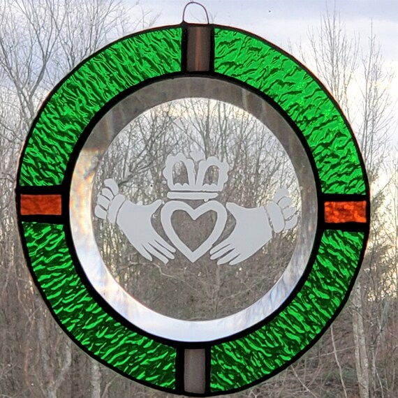 Irish Claddagh Etched Stained Glass Suncatcher Window in Irish Etsy