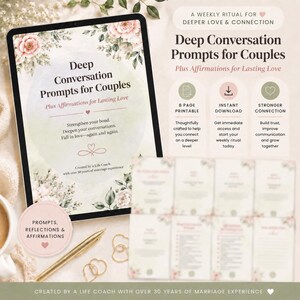 May include: A digital tablet displays "Deep Conversation Prompts for Couples" with affirmations for lasting love. The image includes a pen, rings, and cards with prompts. The text promises to strengthen bonds and deepen conversations.