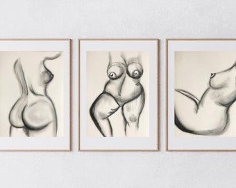 Set of 3 Nude Art Drawings Soft Pastel Contemporary Female Figure Body Fine Art Charcoal Line Art Modern Collection Nude Artwork on Paper