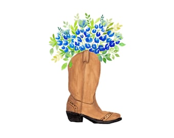 Bota de acuarela con estampado de lupinos azules / Arte de pared de granja de Texas