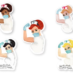 May include: Watercolor stickers featuring nurses in various skin tones and hair colors, flexing their arms in a show of strength. Each nurse wears a face mask, gloves, and a nurse's cap. One sticker includes the text "She works willingly with her hands" from Proverbs 31:13.