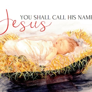 Baby Jesus In Manger Christmas Card Set | Watercolor Christmas Cards | Note Cards Set of 8 with envelopes