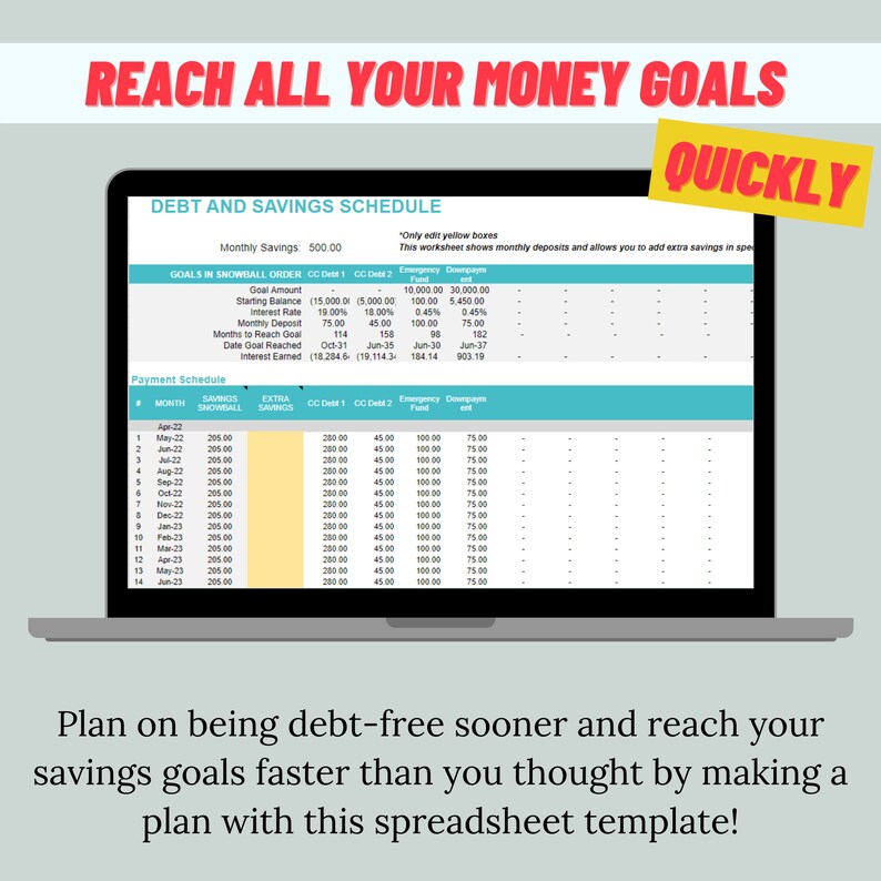 May include: A computer screen displaying a spreadsheet template for debt and savings goals. The spreadsheet is titled "Debt and Savings Schedule" and includes columns for monthly savings, debt, and down payments. The spreadsheet is designed to help users track their progress towards their financial goals.