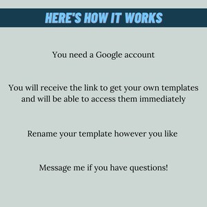 May include: A blue and white text graphic on a light blue background that reads "HERE'S HOW IT WORKS".  The text below explains how to use a Google account to access templates.