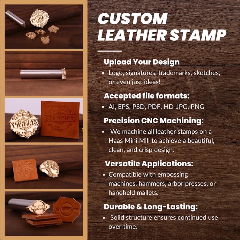 K&ouml;nnte beinhalten: Das Bild zeigt individuelle Lederstempel mit verschiedenen Designs und dem Text "STAMPIFY". Die Stempel werden zusammen mit ihren Metallgriffen und gestempelten Lederproben gezeigt. Der Text auf der rechten Seite des Bildes lautet "CUSTOM LEATHER STAMP".
