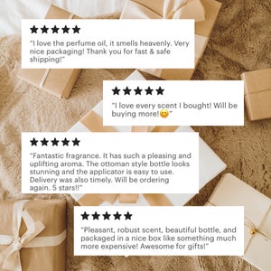 May include: Wrapped gift boxes with white and gold ribbons are shown in the image. Customer reviews with five-star ratings are included, praising the fragrance, packaging, and scent of the product.