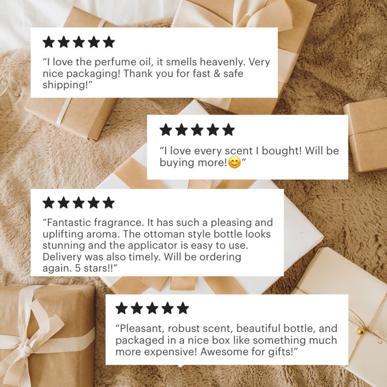 May include: Wrapped gift boxes with white and gold ribbons are shown in the image. Customer reviews with five-star ratings are included, praising the fragrance, packaging, and scent of the product.