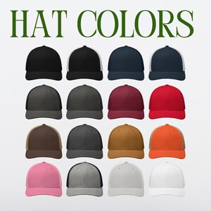 May include: A selection of 18 different colored trucker hats with a white mesh back. The hats are arranged in three rows of six. The colors include black, navy, red, burgundy, brown, orange, pink, gray, and white.