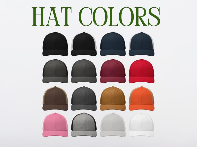 May include: A selection of 18 different colored trucker hats with a white mesh back. The hats are arranged in three rows of six. The colors include black, navy, red, burgundy, brown, orange, pink, gray, and white.