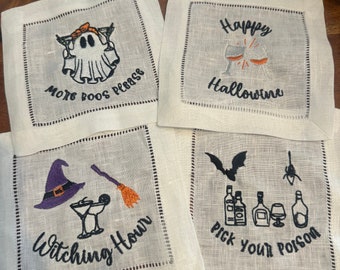 Funny Embroidered Halloween Cocktail Napkins - Halloween cocktail napkin set - embroidered napkin gift set - Funny Boozy Halloween Napkins