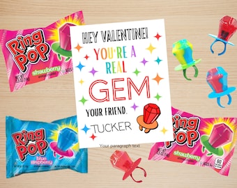 Tarjeta de San Valentín IMPRIMIBLE, Tarjeta de San Valentín Ring Pop, Tarjeta de San Valentín de aula imprimible, Etiqueta de favor de San Valentín de la escuela, Etiqueta de regalo pop de anillo de gema