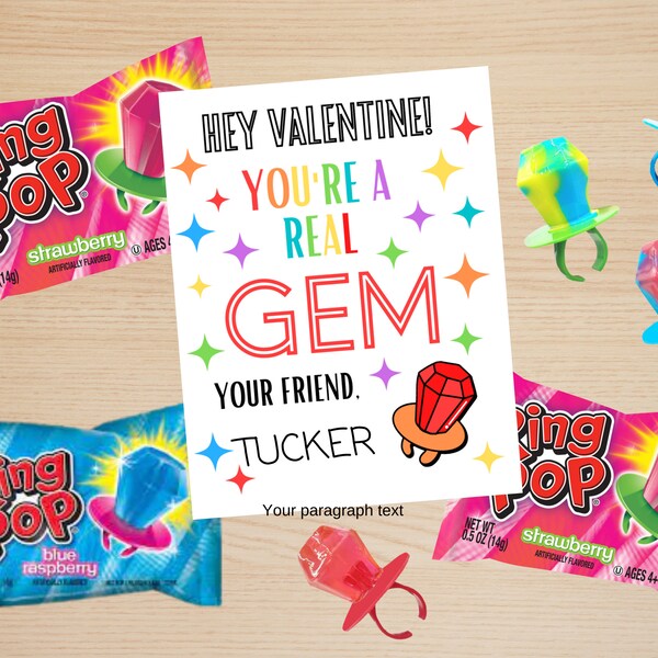 PRINTABLE Valentine Card, Ring Pop Valentine Card, Printable Classroom Valentine Card, School Valentines Favor Tag, Gem Ring Pop Treat Tag