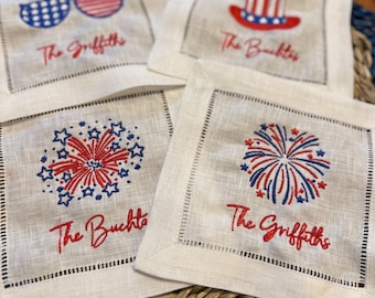 Custom 4th of July Napkins - Set of Four American Themed Embroidered Cocktail Napkins - 4th of July Decor - Nantucket Summer -Fourth of July
