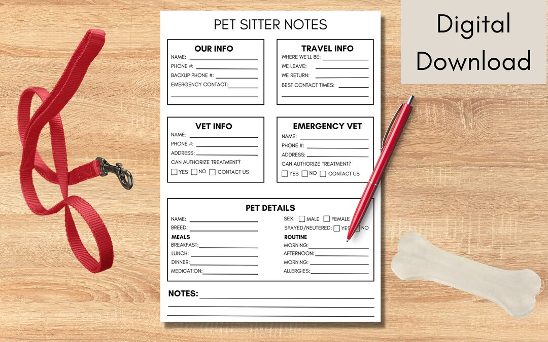 Pet Sitter Notes, Instructions for Dog Sitter, Easy Dog Sitter