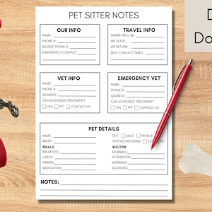 Pet Sitter Notes, Instructions for Dog Sitter, Easy Dog Sitter Instructions, Cat Sitter Care Form, Template for Dog Sitter, Instant Download