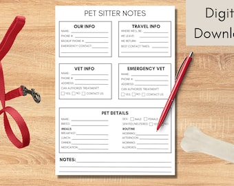 May include: A printable pet sitter notes sheet with sections for owner and pet details, vet information, and travel details. A red leash, a red pen, and a bone-shaped toy are also visible.