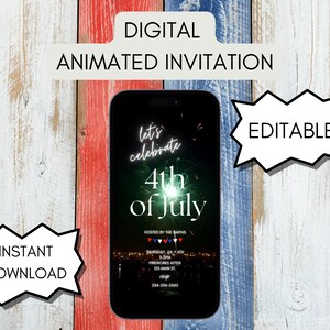 4. Juli Einladung mit Feuerwerk. Digitaler Unabhängigkeitstag Party einladen. Animiertes Grillfest oder Lagerfeuer Feier eVite. DIY bearbeitbare Vorlage.