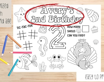 Custom Mermaid Birthday Party Placemat - Personalized Under The Sea Coloring Sheet - Mermaid Activity Sheet-Printable Under The Sea Coloring