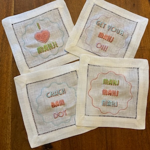 Mahjong Embroidered Cocktail Napkins - Dot Crack Bam Mahjong Cocktail Napkins - Mahjong Gift- Gift for Mahjong Lovers- Mahjong Hostess Gifts