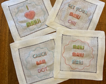 Mahjong Embroidered Cocktail Napkins - Dot Crack Bam Mahjong Cocktail Napkins - Mahjong Gift- Gift for Mahjong Lovers- Mahjong Hostess Gifts