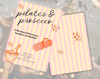 Plantilla de Canva para invitación a Pilates y Prosecco / Invitación editable para fiesta / Evento social de Pilates / Invitación de cumpleaños con Pilates y Prosecco / Canva