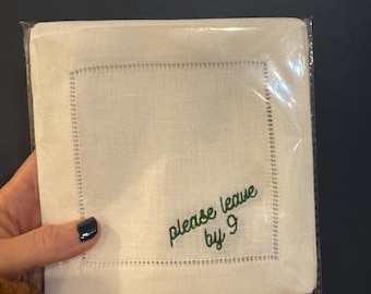 9枚で「Please Leave by」カクテルナプキン｜就寝時に「Please Leave by Bedtime」カクテルナプキン｜刺繍入りホステスギフト｜リネンコースター｜新築祝いギフト