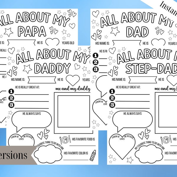 All About My Dad Questionnaire, All About My Daddy, Step-Dad Fathers Day Gift, Gift for Dad from Kids, Father's Day Printable