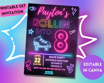 Pode incluir: Um convite imprimível 5x7 para uma festa de patinação. O convite apresenta um design rosa e azul neon com o texto "Payton's Rollin' Into 8" e um gráfico de patins. O convite também inclui detalhes sobre a festa, incluindo a data, hora, local e informações de RSVP.