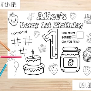 Berry 1st Birthday Placemat, Custom Birthday Placemat , Strawberry First Birthday Party Coloring Page, Editable Party Favor, Berry Sweet One