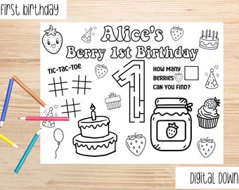 Berry 1st Birthday Placemat, Custom Birthday Placemat , Strawberry First Birthday Party Coloring Page, Editable Party Favor, Berry Sweet One