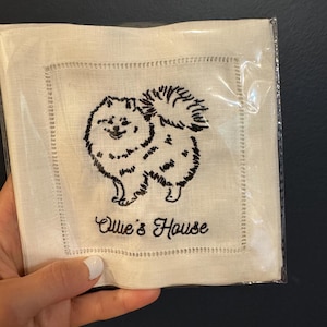 Custom Pomeranian Illustrated Dog Cocktail Napkins - Pomeranian Gift - Custom Embroidered Linen Napkins - Pomeranian Lover - Pomeranians