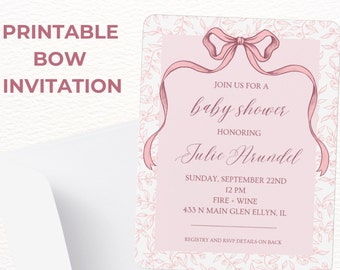 Mall för babyshower med rosa rosett Mall för babyshower för flicka Canva Elegant rosa kokett babyshowerinbjudan Direktnedladdning