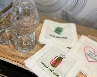 Custom Linen Cocktail Napkins - Custom Embroidered Linen Cocktail Napkins (Set of 6)