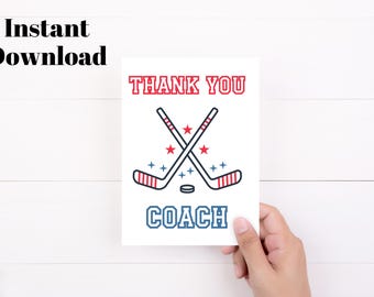 Utskrivbart tackkort för hockey, tackkort för barn till tränare, uppskattning av tränare, present till hockeytränaren, utskrivbart kort på 13 x 18 cm till tränare