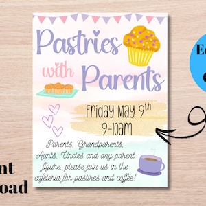 Gebäck mit Eltern Vorlage - Bearbeitbar Gebäck mit Eltern Flyer - Muffins mit Mama einladen - Sofortiger Download Bearbeitbare Einladung
