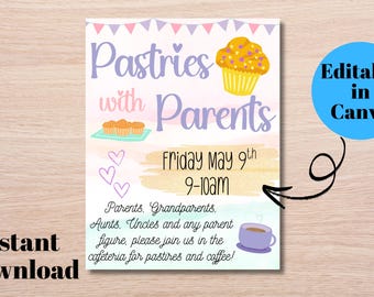 Pastries with Parents Template - Editable Pastries with Parents Flyer - Muffins with Mom Invite - Instant Download Editable Invite