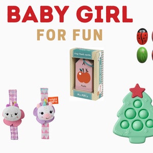 Peut inclure: Une collection de jouets pour bébés et tout-petits, comprenant un ensemble d'œufs en bois colorés, un jouet pop-it vert en forme de sapin de Noël, un ensemble de hochets de poignet avec des personnages de licornes, un porte-clés avec un renard et des clés, et une carte flash avec une pomme et la lettre A.