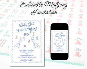 May include: A blue and white invitation for a girls' night mahjong game. The invitation features a cartoon illustration of mahjong tiles, glasses of champagne, and the text "Let's Get Our Mahjong On!" The invitation includes the date, time, and location of the event, as well as an RSVP contact.