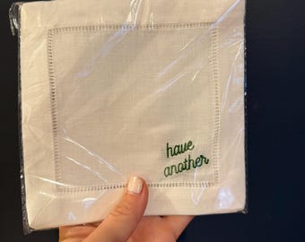 Have Another Cocktail Napkins | Please Leave by Bedtime Cocktail Napkins| Embroidered Hostess Gift | Linen Coasters | Housewarming Gift