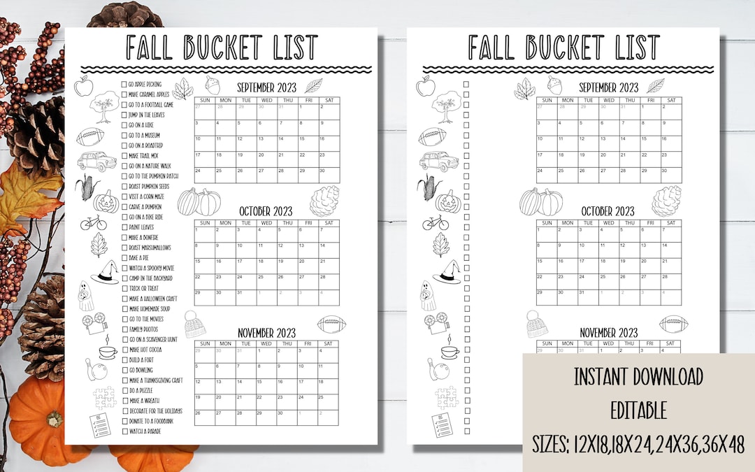 Printable Fall Calendar Poster, Fall Activities Calendar, Autumn ...