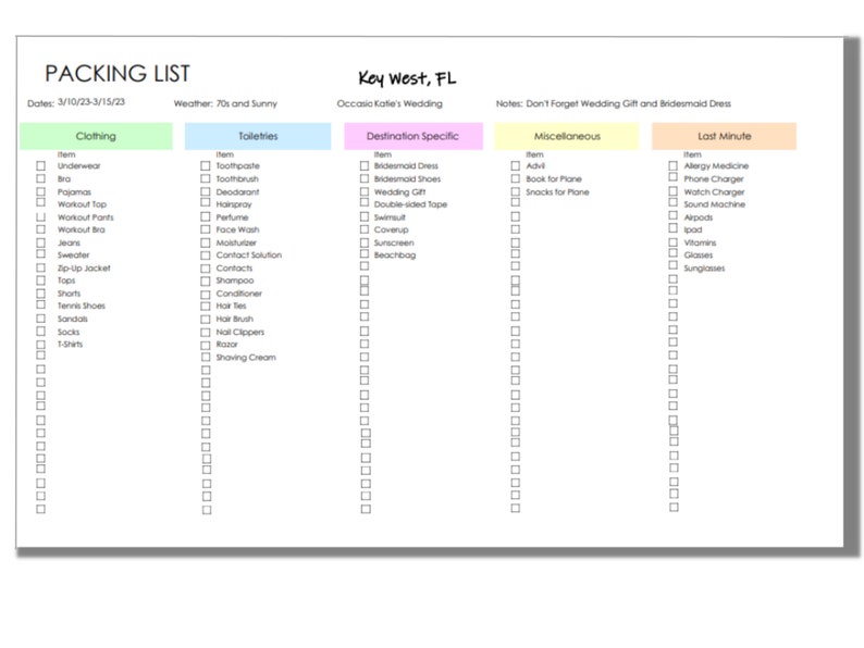 Travel Packing List EDITABLE Packing Checklist for Google Etsy