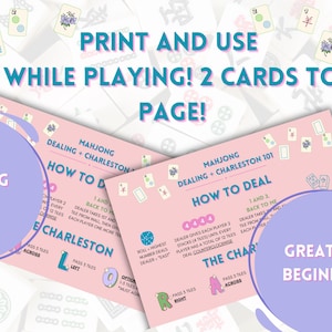 May include: Two pink printable cards with instructions on how to deal Mahjong tiles in the Charleston variation. The cards feature illustrations of Mahjong tiles and the text "Mahjong Dealing + Charleston" and "Mahjong Dealing + Charleston 101".